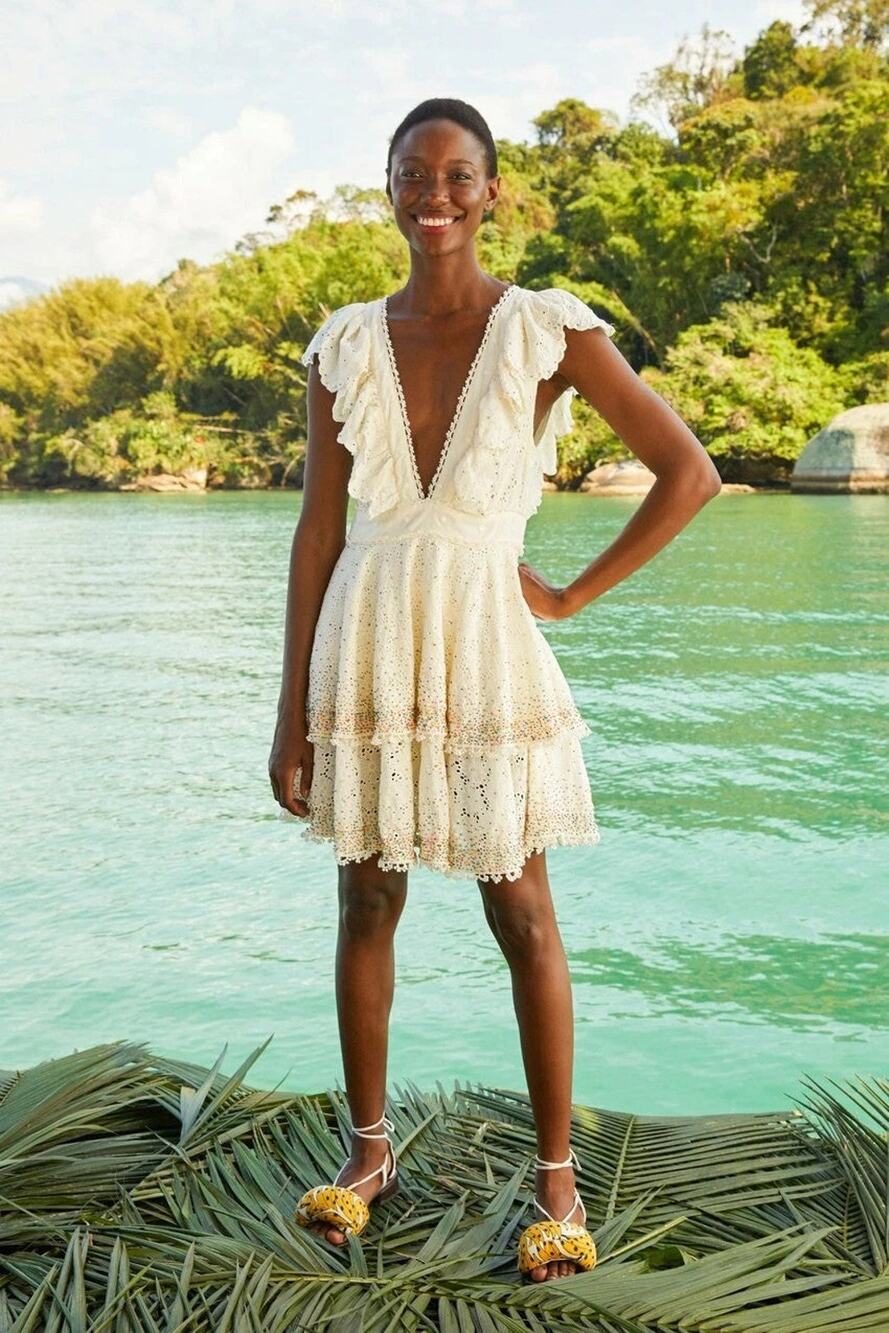 Farm Rio Eyelet Patch Beaded V-Neck Ruffled Lace Mini Dress - M